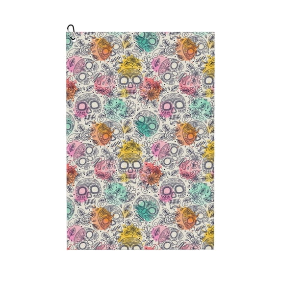 Easygdp Skull and Flowers Golf Towel 24x16in for Men and Women with Carabiner Clip for Easy Attachment