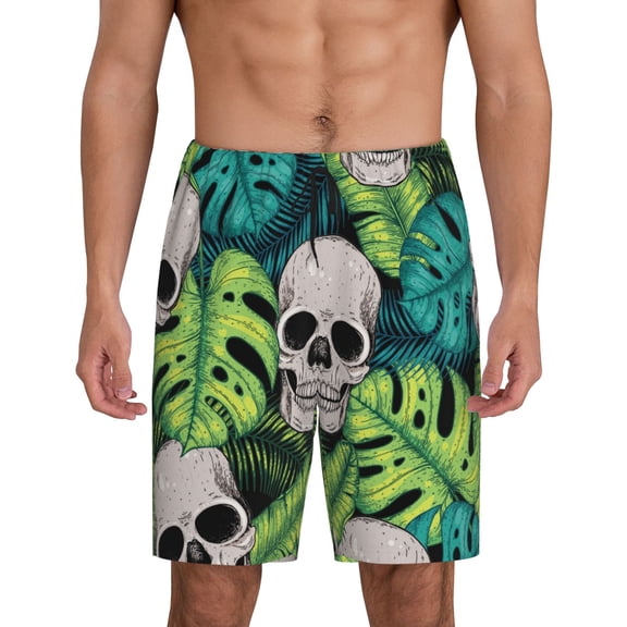 Easygdp Skull and Palm Leaves Men's Short Pajama Pants, Sleep Shorts, Household Pants, Casual Pants with Pockets - Small
