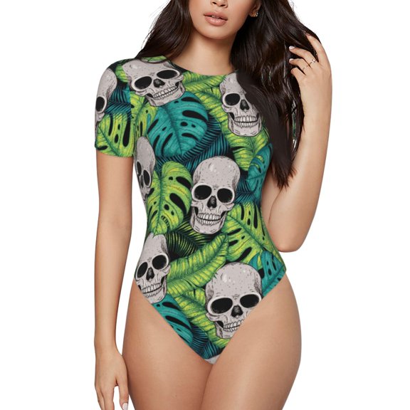 Easygdp Skull and Palm Leaves Women's One-Piece Swimsuit Slim Fit Crew Neck Bodysuit Athletic Swimwear with Concealed Buckle - Small
