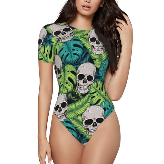 Easygdp Skull and Palm Leaves Women's One-Piece Swimsuit Slim Fit Crew Neck Bodysuit Athletic Swimwear with Concealed Buckle - XX-Large