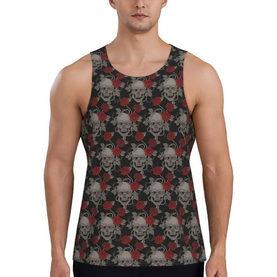 Easygdp Skull and Red Roses Men's Tank Top, Sleeveless Muscle T Shirts, Breathable, Quick-Dry, Loose for Gym, Running, Fitness - X-Large
