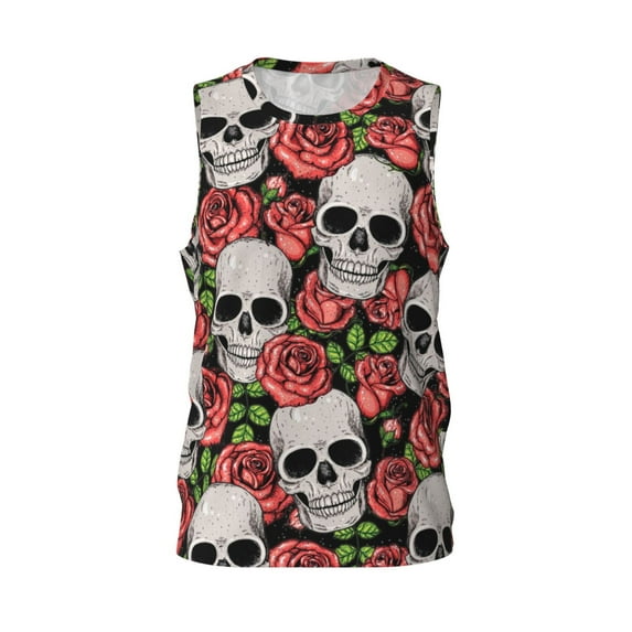 Easygdp Skull and Roses Men's Mesh Basketball Jersey Quick Drying Sleeveless Shirts Fitted Muscle Tank Tops Sport Round Neck T-Shirt - Small