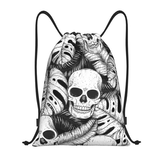 Easygdp Skull and palm leaves Drawstring Backpack, Beach Sackpack, Travel Sackpack Lightweight for Sports, Gym, Travel, Swimming - Small