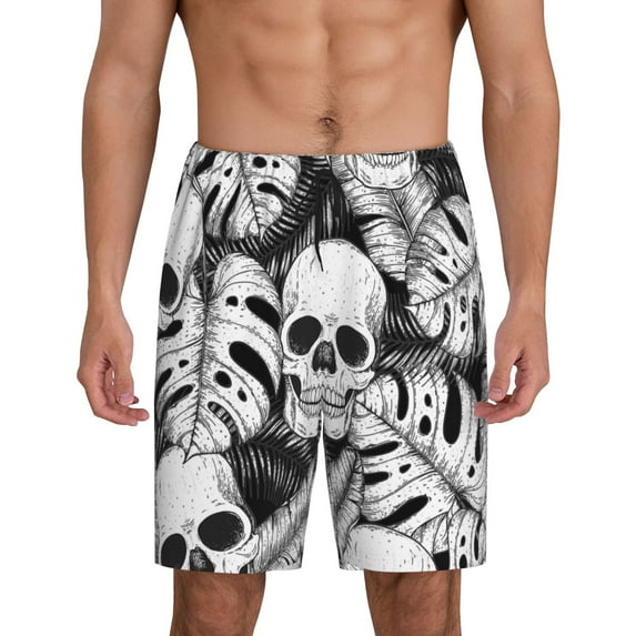 Easygdp Skull and palm leaves Men's Short Pajama Pants, Sleep Shorts, Household Pants, Casual Pants with Pockets - Medium
