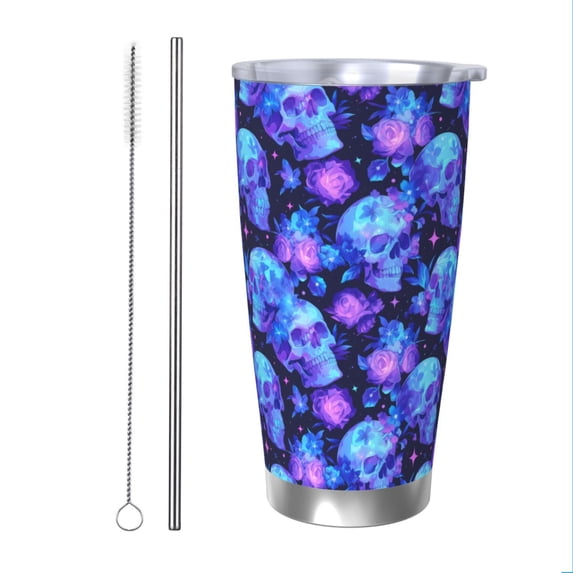 Easygdp Skull flower star sky 20oz Stainless Steel Vacuum Insulated Double Wall Travel Tumbler, Durable Insulated Coffee Mug with Spillproof Lid-Straw Two-piece Set