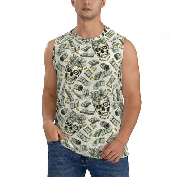 Easygdp Skull with Cash Men's Breathable Tank Tops Sleeveless Sporty T Shirts for Basketball, Mountaineering, Bodybuilding -Medium