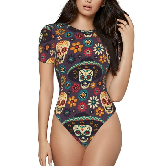 Easygdp Skulls And Flowers Women'S Waist-Cinching Short-Sleeved Onesie, Olastic Onesiet,Snaps At Bottom,Easy To Put On And Take Off - Xx-Large