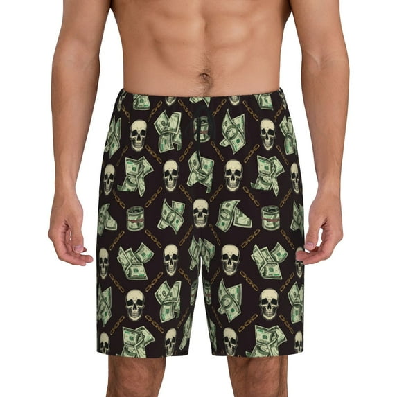 Easygdp Skulls Gold Chains Dollar Men's Short Pajama Pants, Sleep Shorts, Household Pants, Casual Pants with Pockets - Medium