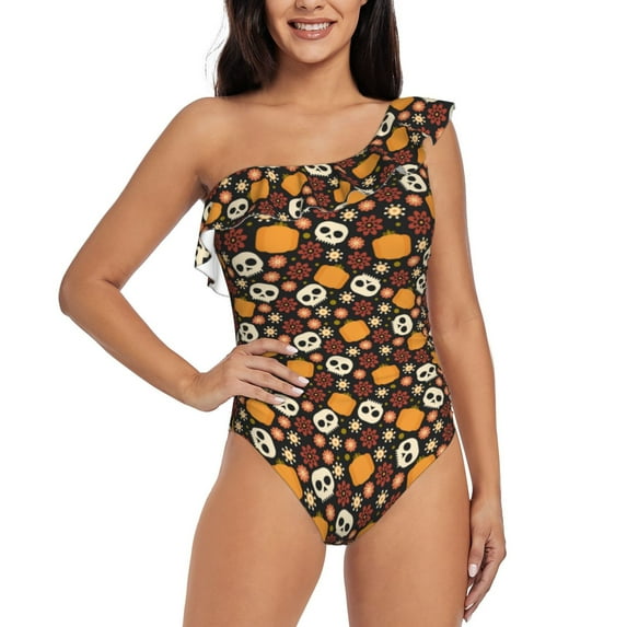 Easygdp Skulls Women's One Shoulder Ruffle Monokini Bathing Suits with Removable Chest Pad, Quick Drying - Large