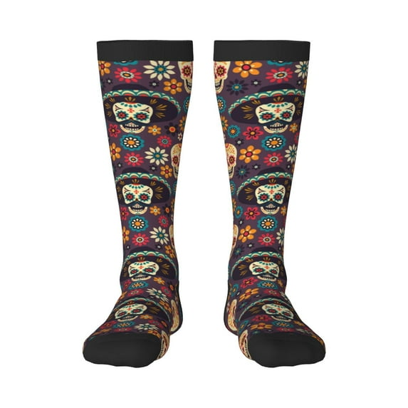 Easygdp Skulls and Flowers Soccer Socks Sport Knee High Socks Calf Compression Athletic Socks for Men and Women