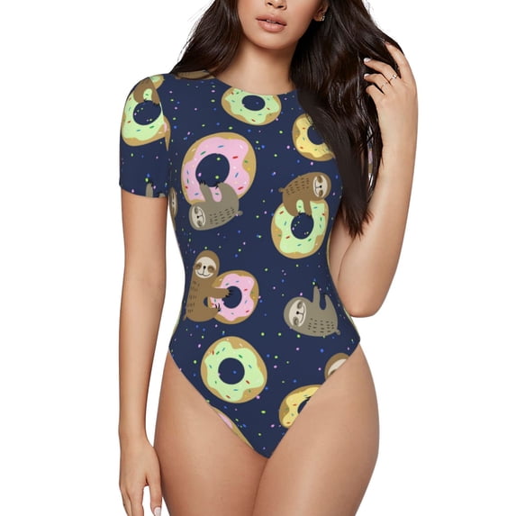 Easygdp Sloth With Donuts Women'S Waist-Cinching Short-Sleeved Onesie, Olastic Onesiet,Snaps At Bottom,Easy To Put On And Take Off - Large