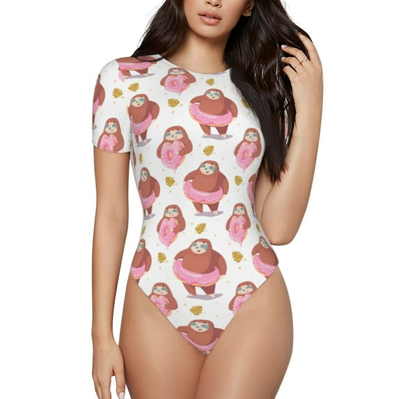 Easygdp Sloth With Donuts1 Women'S Waist-Cinching Short-Sleeved Onesie, Olastic Onesiet,Snaps At Bottom,Easy To Put On And Take Off - Small