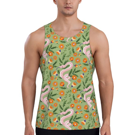 Easygdp Snake And Floral Men's Tank Top, Sleeveless Muscle T Shirts, Breathable, Quick-Dry, Loose for Gym, Running, Fitness - Large