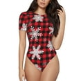 thumbnail image 1 of Easygdp Snowflakes On A Buffalo Plaid Women's One-Piece Swimsuit Slim Fit Crew Neck Bodysuit Athletic Swimwear with Concealed Buckle - X-Large, 1 of 9