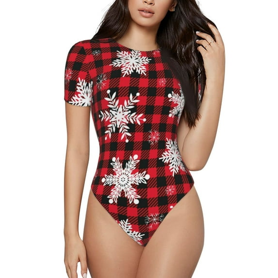 Easygdp Snowflakes On A Buffalo Plaid Women's One-Piece Swimsuit Slim Fit Crew Neck Bodysuit Athletic Swimwear with Concealed Buckle - XX-Large