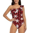 thumbnail image 1 of Easygdp Snowflakes On A Buffalo Plaid Women's One Shoulder Ruffle Monokini Bathing Suits with Removable Chest Pad, Quick Drying - Small, 1 of 8