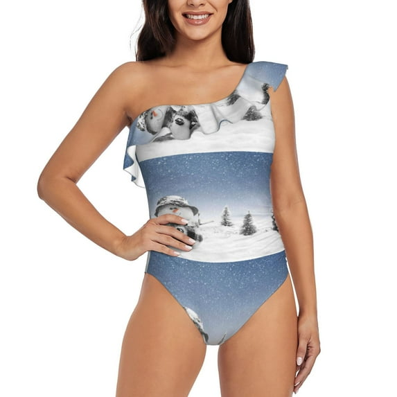 Easygdp Snowman And Christmas Tree Women's One Shoulder Ruffle Monokini Bathing Suits with Removable Chest Pad, Quick Drying - X-Large