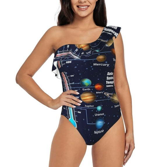 Easygdp Solar System Women's One Shoulder Ruffle Monokini Bathing Suits with Removable Chest Pad, Quick Drying - X-Large