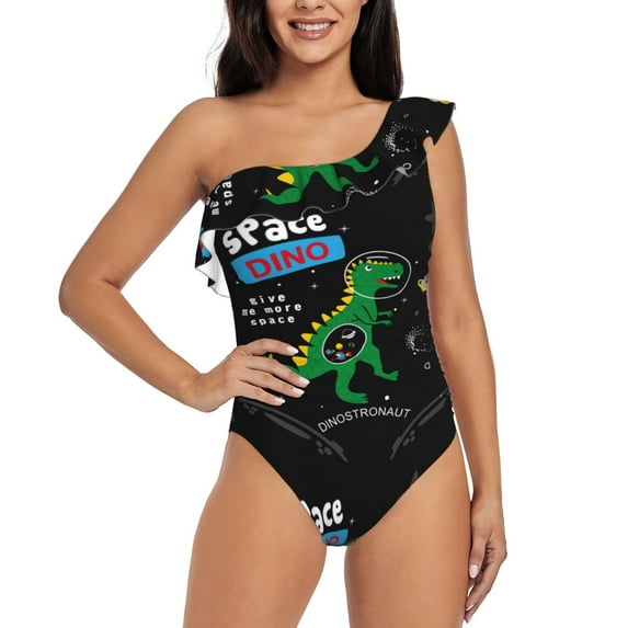 Easygdp Space Dino Cartoon Black Women's One Shoulder Ruffle Monokini Bathing Suits with Removable Chest Pad, Quick Drying - Medium