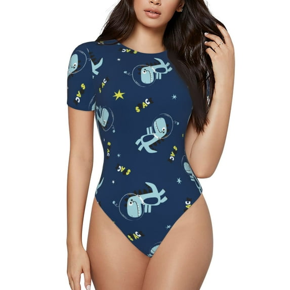 Easygdp Space Dinosaur Women's One-Piece Swimsuit Slim Fit Crew Neck Bodysuit Athletic Swimwear with Concealed Buckle - Medium