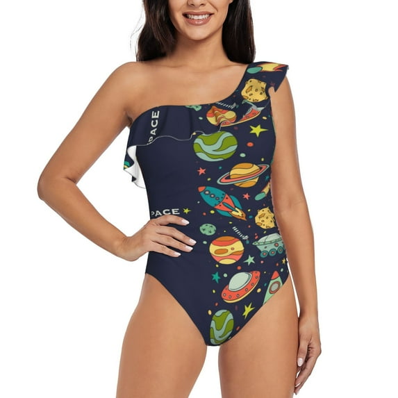 Easygdp Space Women's One Shoulder Ruffle Monokini Bathing Suits with Removable Chest Pad, Quick Drying - Medium