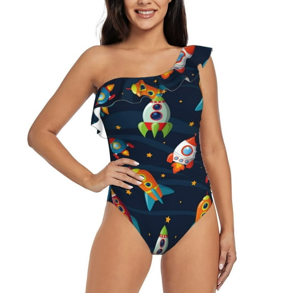 Easygdp Spaceships and Stars Women's One Shoulder Ruffle Monokini Bathing Suits with Removable Chest Pad, Quick Drying - Small