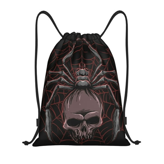 Easygdp Spider with Skull Drawstring Backpack, Beach Sackpack, Travel Sackpack Lightweight for Sports, Gym, Travel, Swimming - Small
