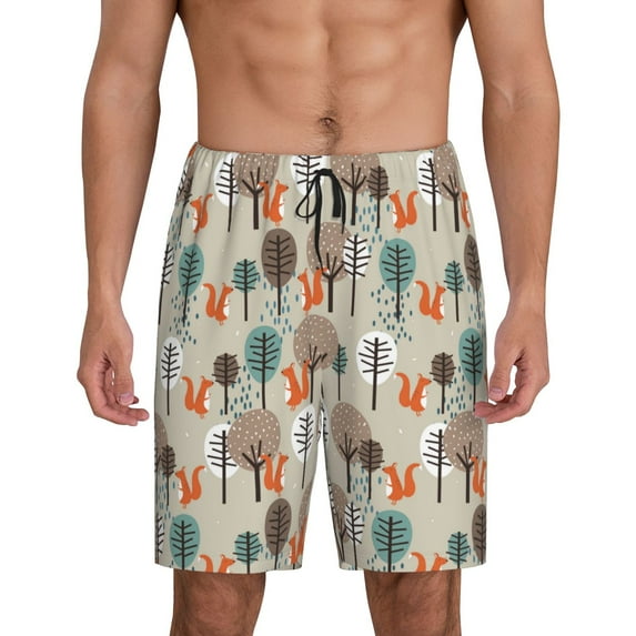 Easygdp Squirrels and Trees Men's Short Pajama Pants, Sleep Shorts, Household Pants, Casual Pants with Pockets - Large