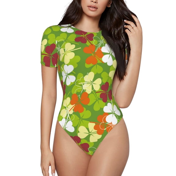 Easygdp St. Patrick's Day3 Women's One-Piece Swimsuit Slim Fit Crew Neck Bodysuit Athletic Swimwear with Concealed Buckle - X-Large