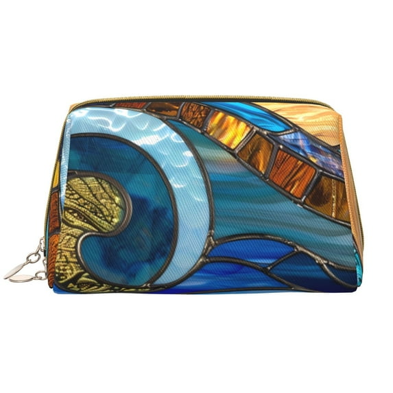 Easygdp Stained Glass Ocean Wave Leather Makeup Bag Zipper Pouch Travel Cosmetic Organizer for Women and Girls, Make up Bag with Zipper