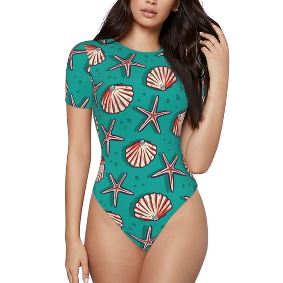 Easygdp Starfish And Shell Women'S Waist-Cinching Short-Sleeved Onesie, Olastic Onesiet,Snaps At Bottom,Easy To Put On And Take Off - X-Large