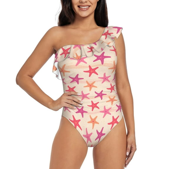 Easygdp Starfish Women's One Shoulder Ruffle Monokini Bathing Suits with Removable Chest Pad, Quick Drying - XX-Large