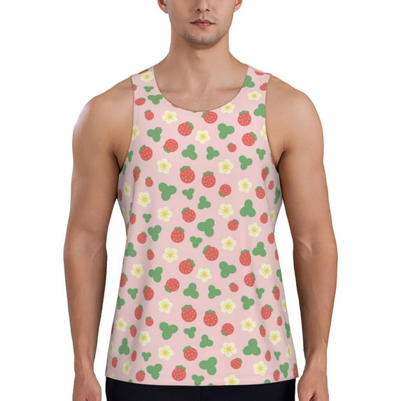 Easygdp Strawberry And Flowers Men's Tank Top, Sleeveless Muscle T Shirts, Breathable, Quick-Dry, Loose for Gym, Running, Fitness - Large