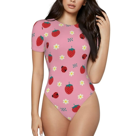 Easygdp Strawberry and Ladybugs Women's One-Piece Swimsuit Slim Fit Crew Neck Bodysuit Athletic Swimwear with Concealed Buckle - Large