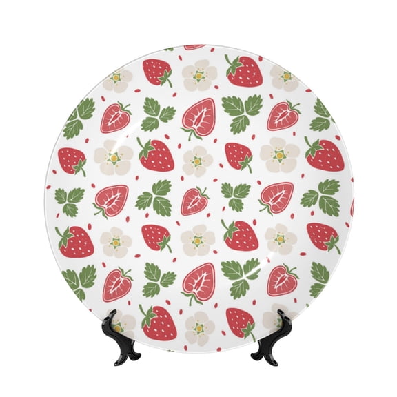 Easygdp Strawberry Bone China Decorative Plate Ceramic Dinner Plates Art Crafts with Display Stand-6in