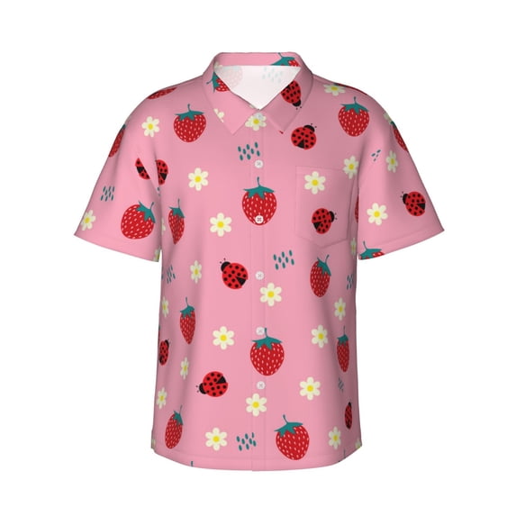 Easygdp Strawberry and Ladybugs Men's Hawaiian Shirts Print Lapel Short Sleeve for Beach, vacation, party, casual occasions - Medium