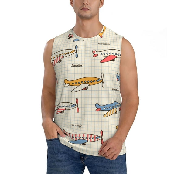 Easygdp Striped Vintage Planes Men's Breathable Tank Tops Sleeveless Sporty T Shirts for Basketball, Mountaineering, Bodybuilding -X-Large