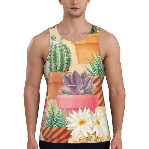Easygdp Succulent And Cactus Men's Tank Top, Sleeveless Muscle T Shirts, Breathable, Quick-Dry, Loose for Gym, Running, Fitness - 3X-Large