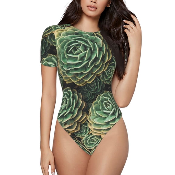 Easygdp Succulents Women'S Waist-Cinching Short-Sleeved Onesie, Olastic Onesiet,Snaps At Bottom,Easy To Put On And Take Off - X-Large