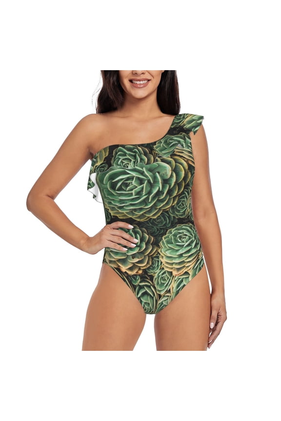 Succulents Women's One Shoulder Ruffle Monokini Bathing Suits with Removable Chest Pad, Quick Drying - Medium