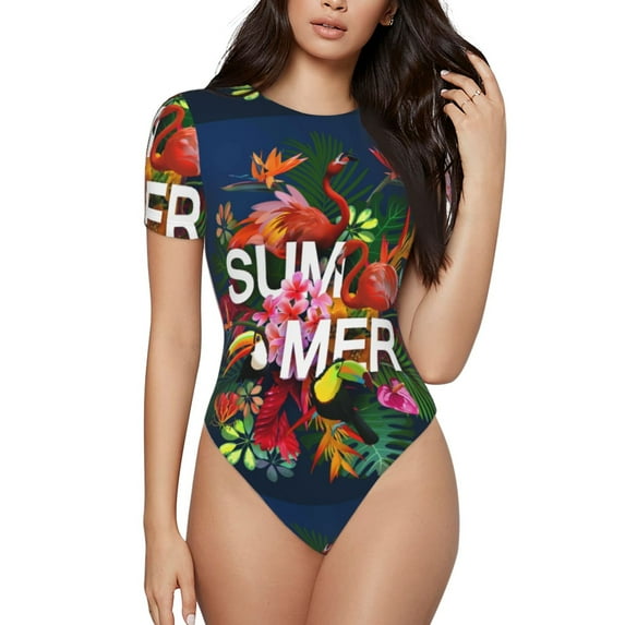 Easygdp Summer Birds and Flowers Women's One-Piece Swimsuit Slim Fit Crew Neck Bodysuit Athletic Swimwear with Concealed Buckle - Medium