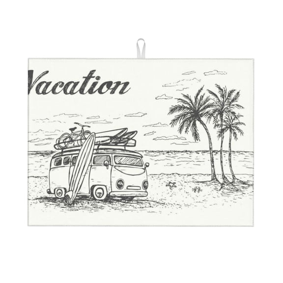 Easygdp Summer Vacation Scene With Camping Van Microfiber Absorbent Dish Drying Pad,Kitchen Drying Mat,Can Be Hung, Strong Water Absorption Capacity,Quick Drying