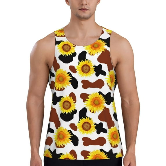 Easygdp Sunflower Cow Men's Tank Top, Sleeveless Muscle T Shirts, Breathable, Quick-Dry, Loose for Gym, Running, Fitness - 4X-Large