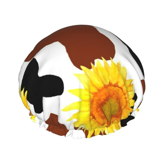 Easygdp Sunflower Cow Shower Caps for Women, Double Waterproof Layers Shower Cap, Quick Drying Bath Hair Cap Reusable