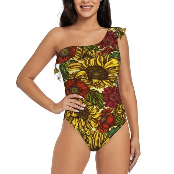 Easygdp Sunflower Women's One Shoulder Ruffle Monokini Bathing Suits with Removable Chest Pad, Quick Drying - Small
