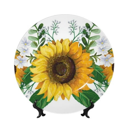 Easygdp Sunflowers (2) Bone China Decorative Plate Ceramic Dinner Plates Art Crafts with Display Stand-6in