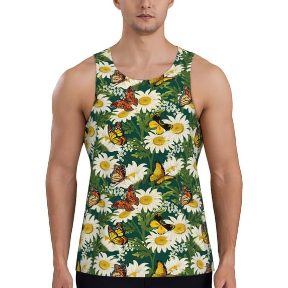 Easygdp Sunflowers And Butterflies Men's Tank Top, Sleeveless Muscle T Shirts, Breathable, Quick-Dry, Loose for Gym, Running, Fitness - Small