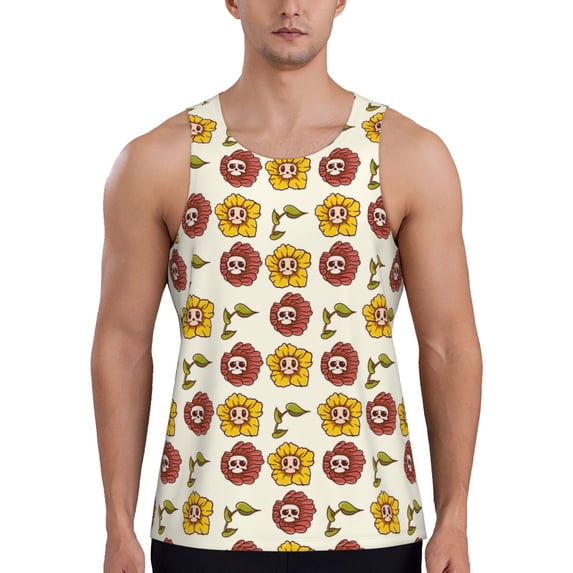 Easygdp Sunflowers And Skull Men's Tank Top, Sleeveless Muscle T Shirts, Breathable, Quick-Dry, Loose for Gym, Running, Fitness - X-Large