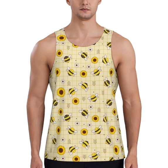 Easygdp Sunflowers Bee Men's Tank Top, Sleeveless Muscle T Shirts, Breathable, Quick-Dry, Loose for Gym, Running, Fitness - X-Large