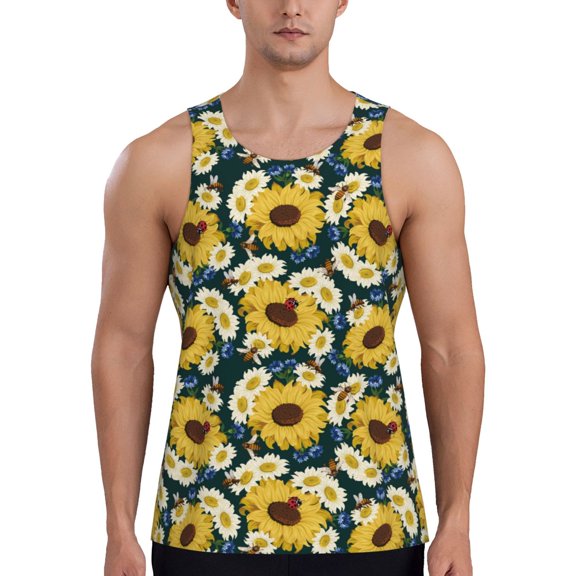 Easygdp Sunflowers Men's Tank Top, Sleeveless Muscle T Shirts, Breathable, Quick-Dry, Loose for Gym, Running, Fitness - Small